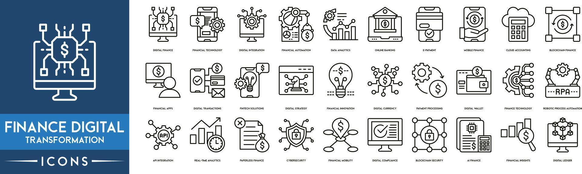 Finance Digital Tranformations icon.  Digital Finance, Financial Technology, Digital Integration, Financial Automation, Data Analytics, Online Banking, E-payment, Mobile Finance and Cloud Accounting vector