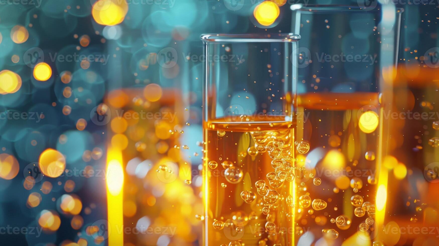 AI generated Two test tubes filled with effervescing golden liquid against a bokeh light background, indicative of chemical research and analysis. photo