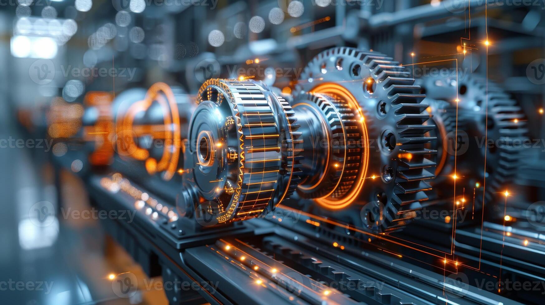 AI generated Precision-engineered gears in an industrial setting, with a dynamic orange lighting effect, showcasing advanced mechanical design. photo