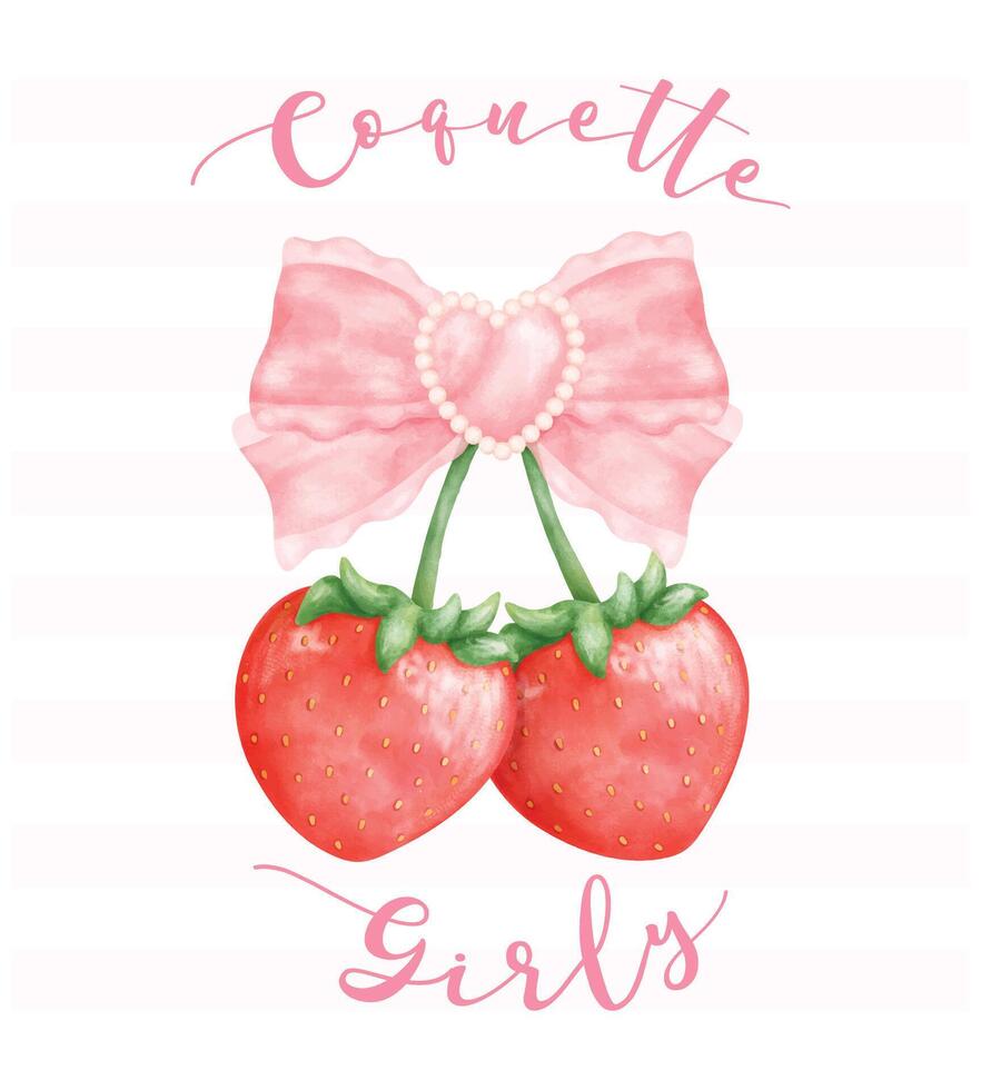 Coquette Strawberries with pink ribbon bow vicotira, aesthetic watercolor hand drawing vector