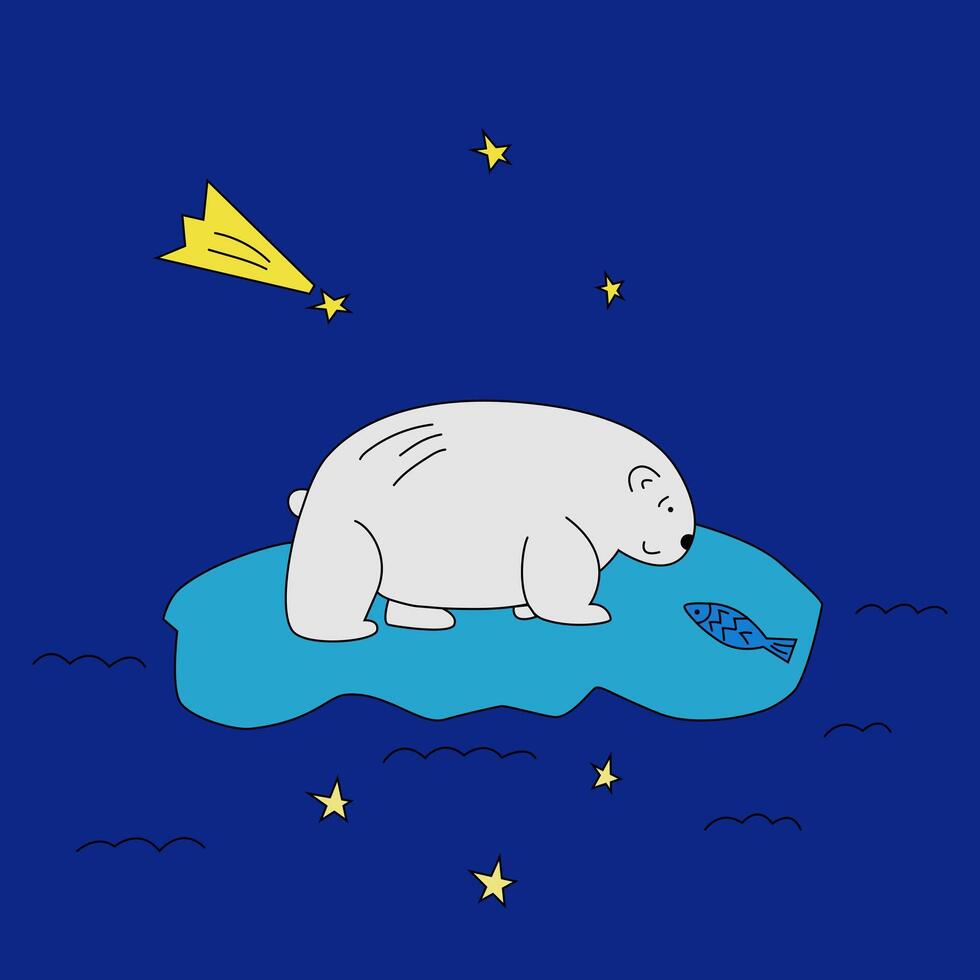 Cute white polar bear floating on ice-cake in the ocean at blue night vector