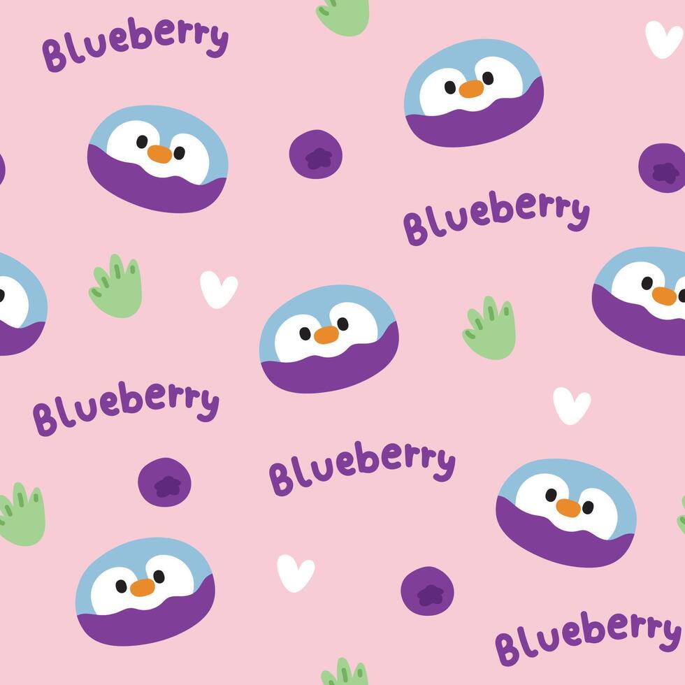 Seamless pattern of cute penguin face shape in bluberry ball background.Bird animal character cartoon design.Heart,fruit,leaf hand drawn.Sweet and dessert.Kawaii.Vector.Illustration. vector