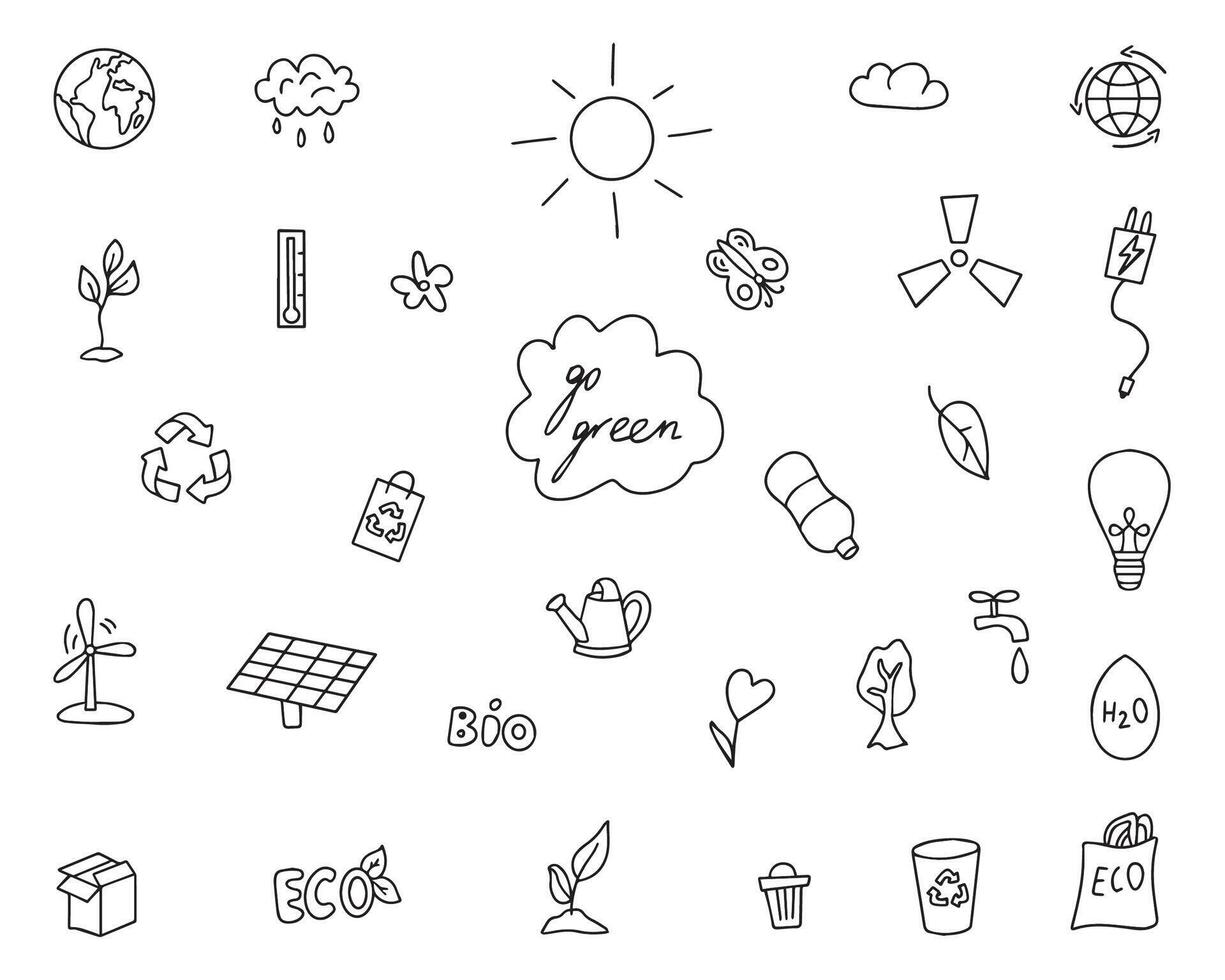 Ecology doodle set. Eco in hand drawn linear style.Earth Day concept, April 22, elements vector set. Save the earth, globe, recycling symbol in simple doodle drawing style.