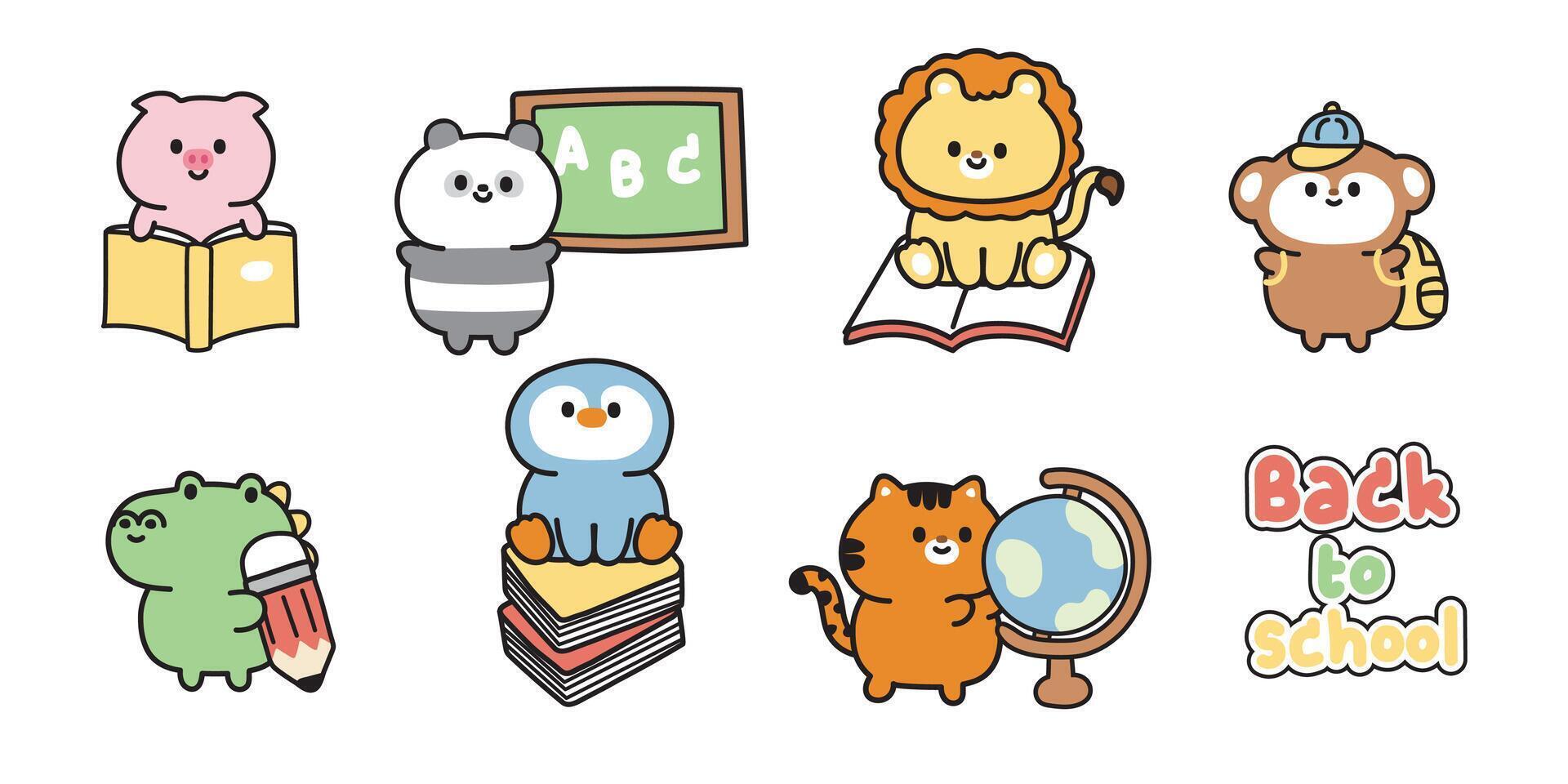 Set of cute animals in back to school concept.Class.Student.Study.Wild,farm,reptile,pet animal character cartoon design collection.Kid graphic.Kawaii.Vector.Illustration. vector