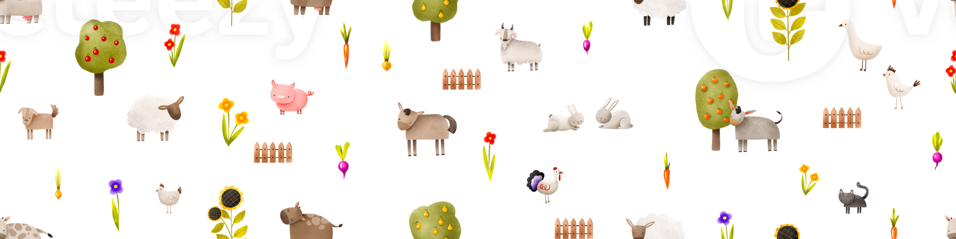 Farm endless background with trees and livestock, artiodactyls, flowers and vegetables. Cute childish hand drawn cartoon pattern for nursery, textile, clothes, wall art, wallpaper png