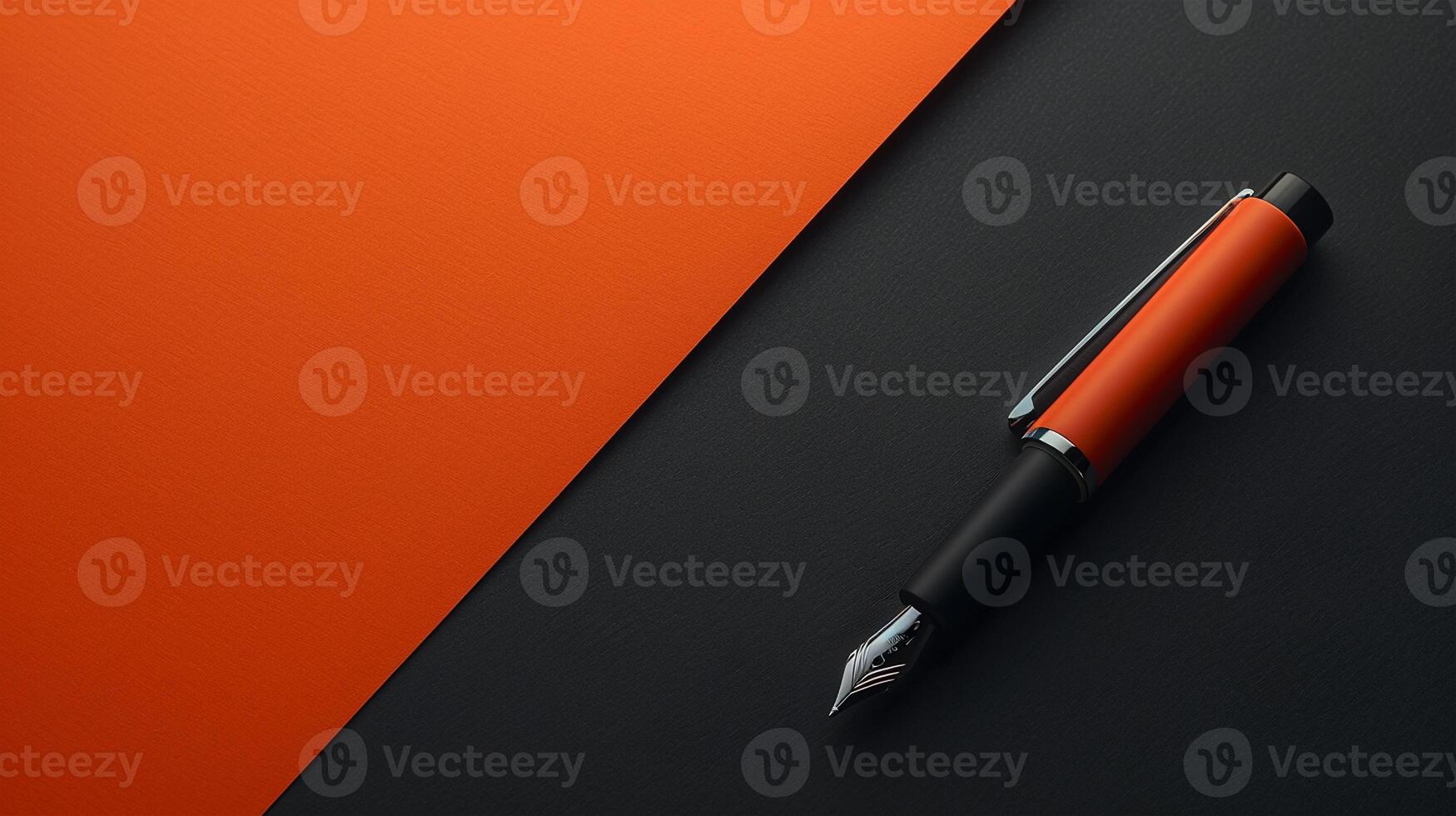 AI generated A sleek fountain pen rests on a half-orange, half-black surface photo