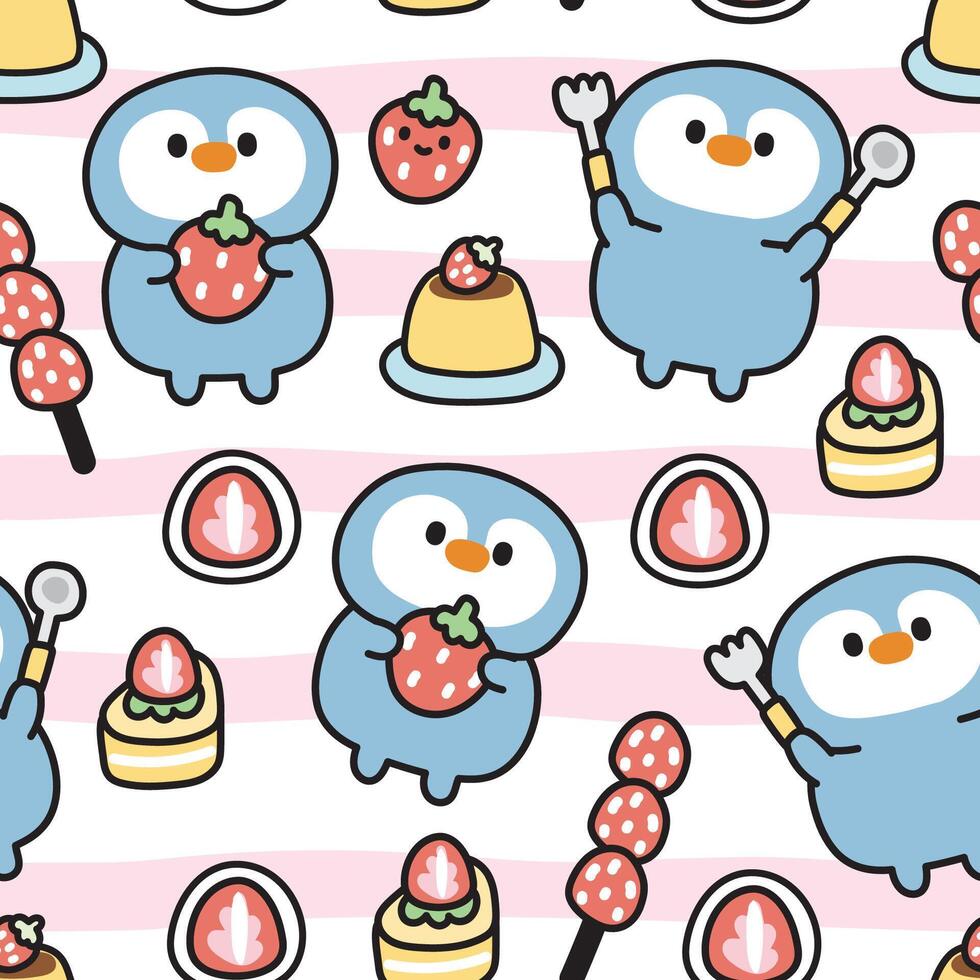 Seamless pattern of cute penguin with strawberry dessert background.Bird animal character cartoon design.Pudding,chese cake,Japanese sweet hand drawn.Kawaii.Vector.Illustration. vector