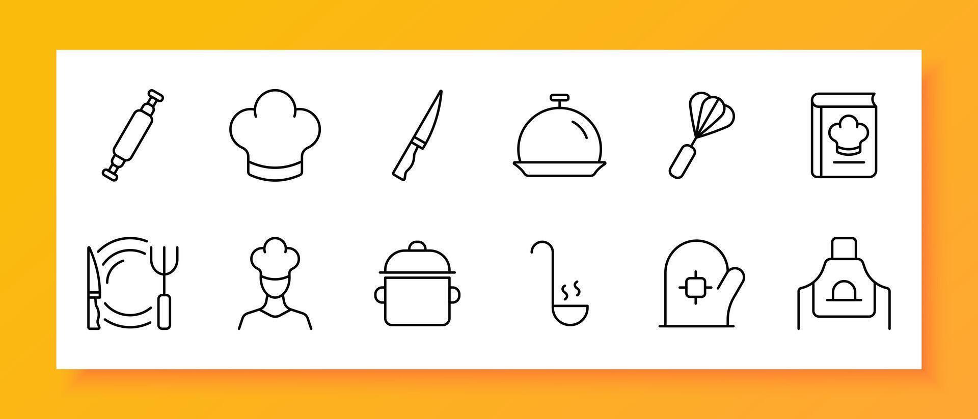 Kitchen icon set. Povor's cap, rolling pin, plate, knife, fork, oven mitt, apron, recipe book. Black icon on a white background. Vector line icon for business and advertising
