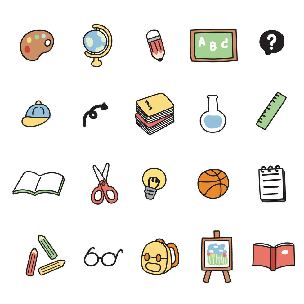 Set of cute icon in back to school concept.Cartoon hand drawn.Art vector