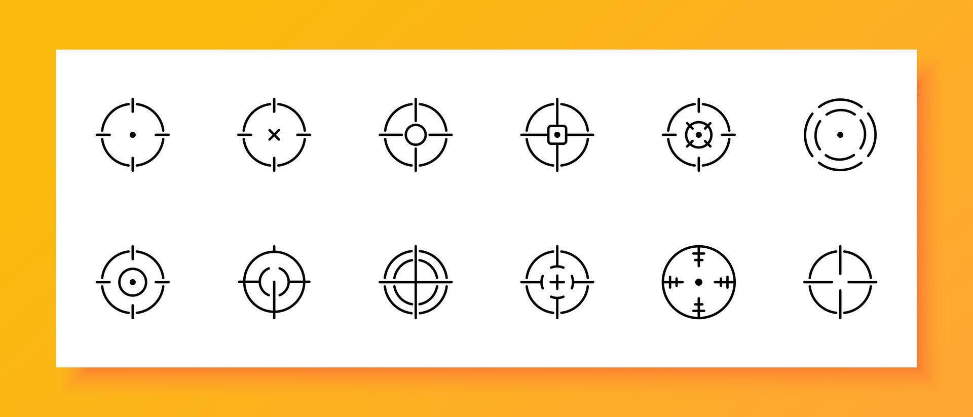 Sight icon set. Target, front sight, sniper, aim, optics, gun, shot, trigger, butt, bullet. Black icon on a white background. Vector line icon for business and advertising