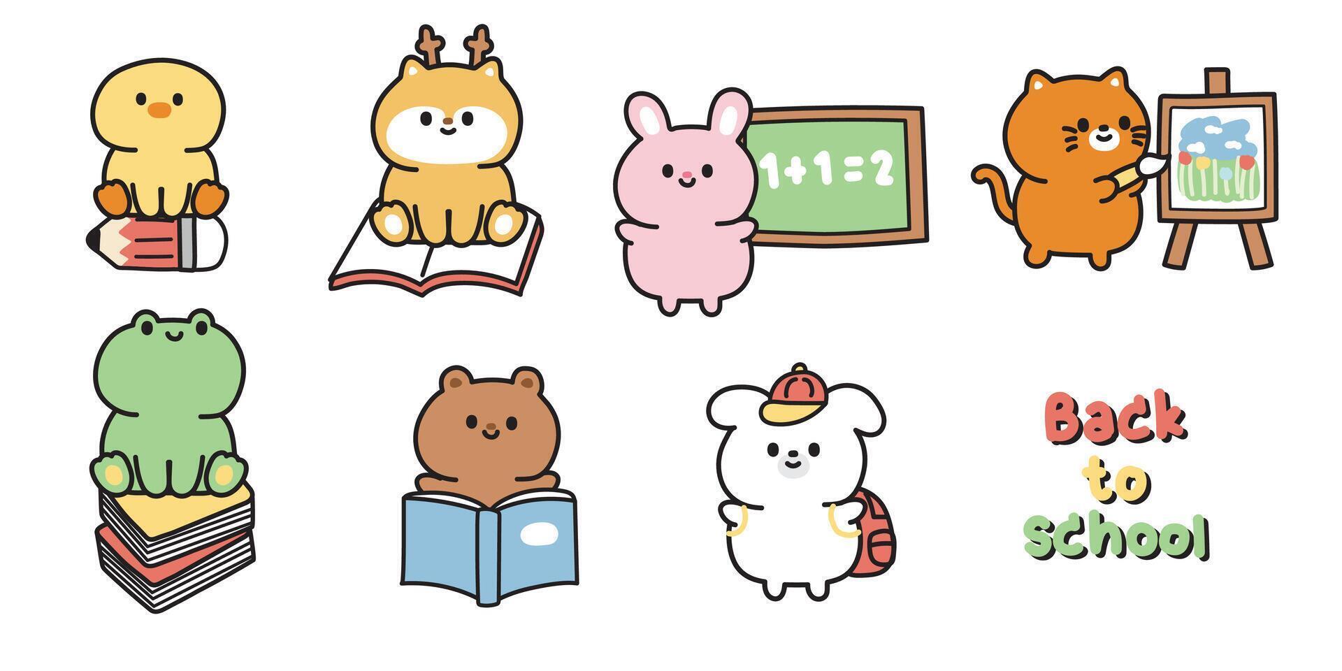 Set of cute animals in back to school concept.Class.Student.Study.Chick,deer,rabbit,cat,frog,bear,dog.Animal character cartoon design collection.Kid graphic.Kawaii.Vector.Illustration. vector