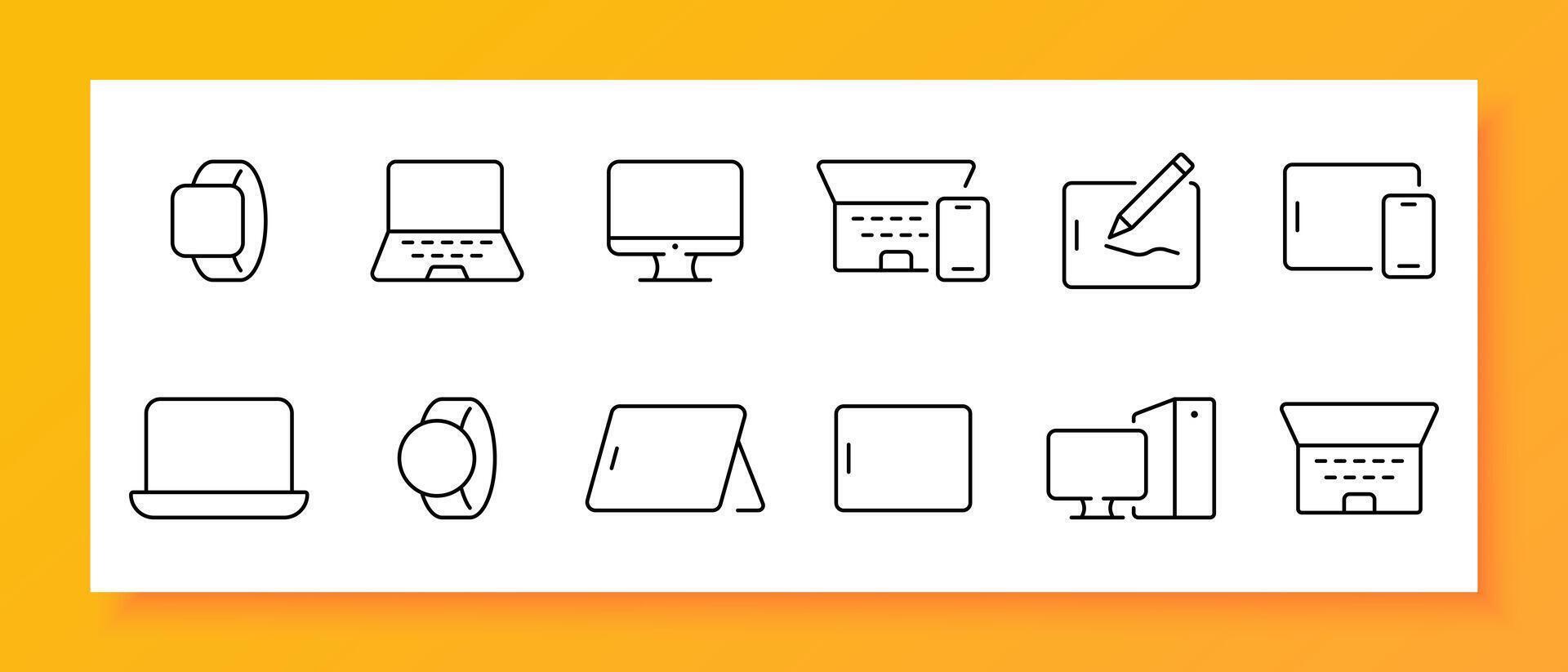 Gadgets icon set. Smart watch, tablet, system unit, monitor, smartphone, laptop. Black icon on a white background. Vector line icon for business and advertising