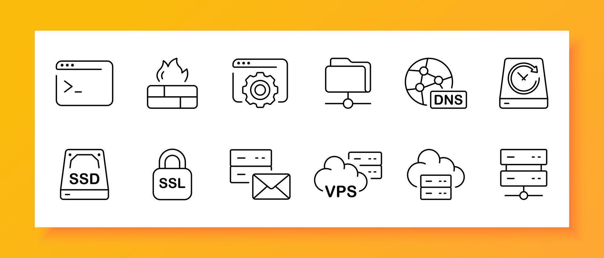 Internet icon set. SSD, storage device, server, host, local network, VPS, DNS, website, firewall. Black icon on a white background. Vector line icon for business and advertising