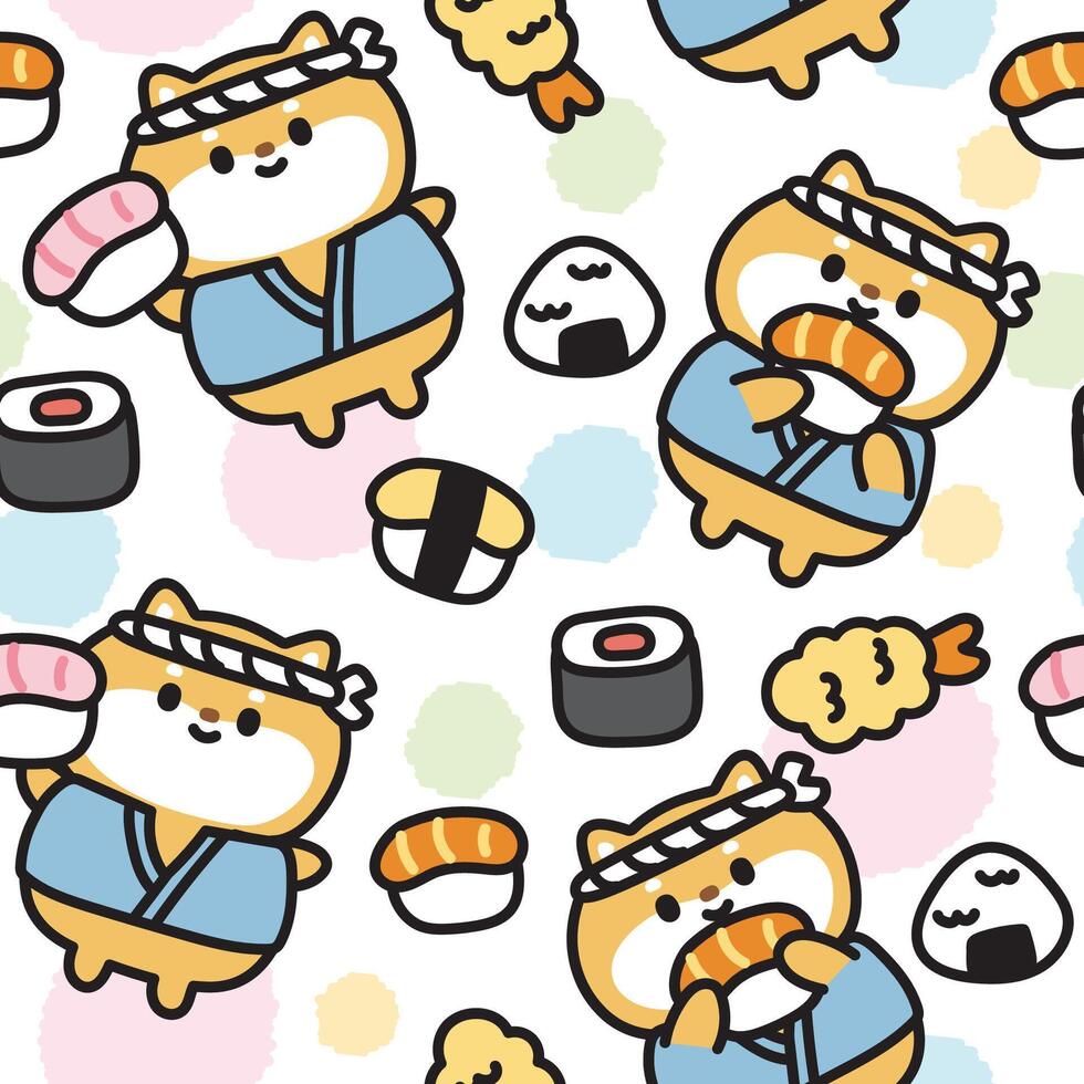 Seamless pattern of cute shiba inu dog with japanese food on white background.Sushi,rice ball,tempura hand drawn.Pet animal character cartoon design.Kawaii.Vector.Illustration. vector