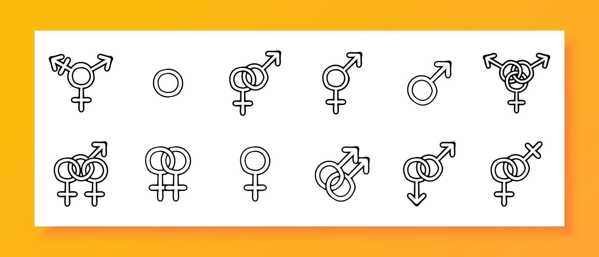 Gender tolerance icon set. Gender, identification, stereotype, belonging, self-expression, orientation. Black icon on a white background. Vector line icon for business and advertising