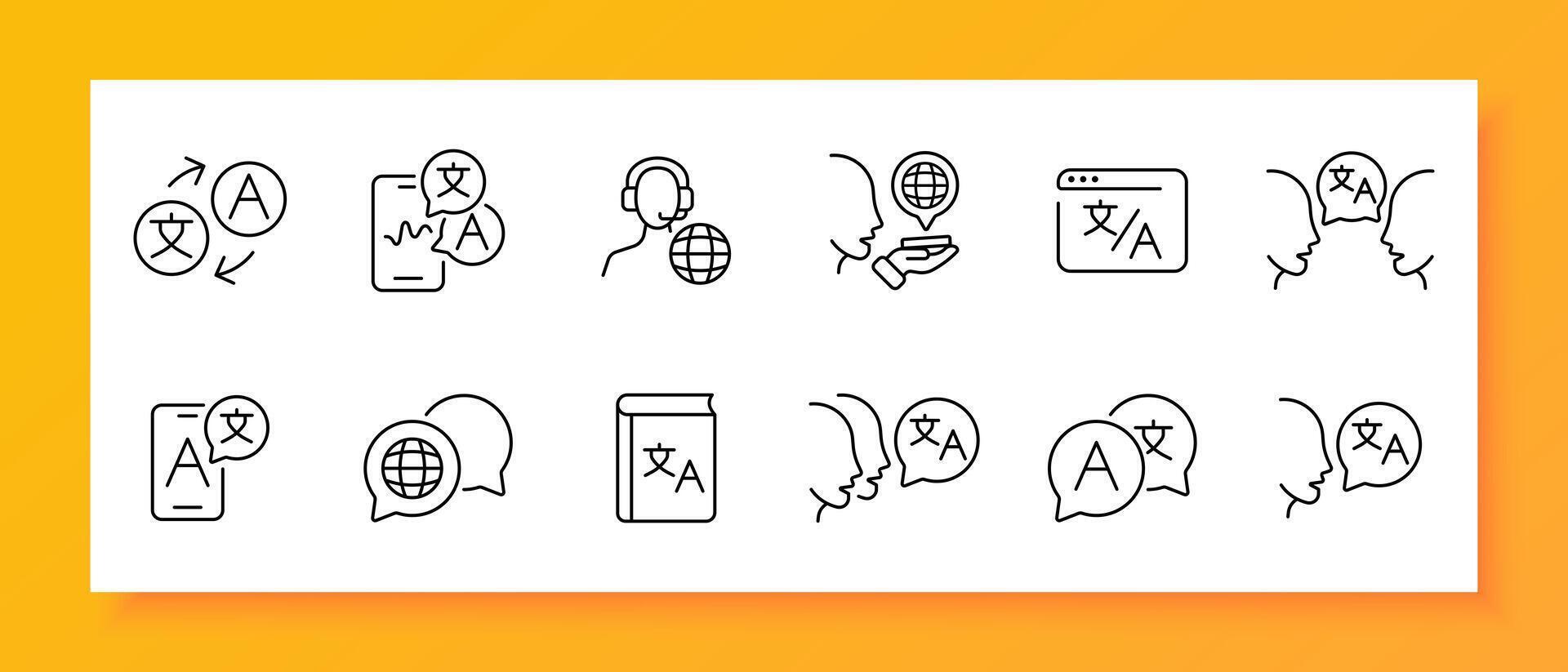 Translator icon set. Language, dictionary, foreigner, translate, words, linguist, money, courses. Black icon on a white background. Vector line icon for business and advertising