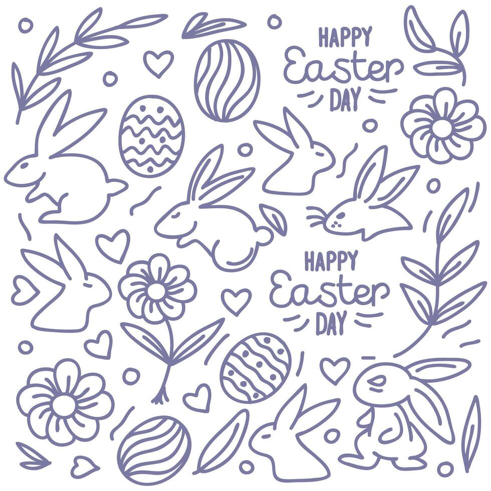 Hand-drawn doodle Easter Day with line eggs, bunny,flowers, heart, rabbit on white background. Vector illustration.