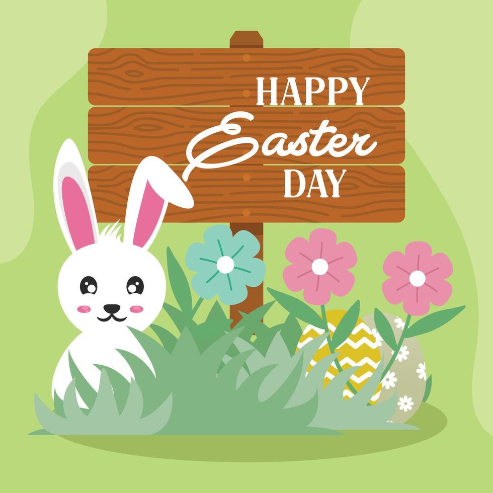 Pascua de Resurrección día con madera tablero, conejo, flores, y huevos antecedentes. vector ilustración.