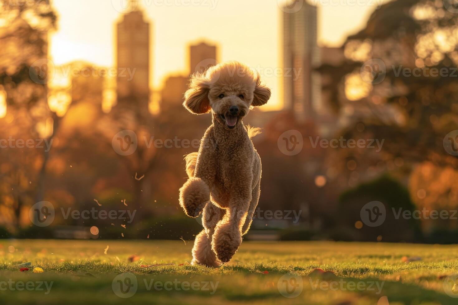AI generated A standard poodle in full show trim gracefully prances and runs in a park with a city skyline in the background. photo