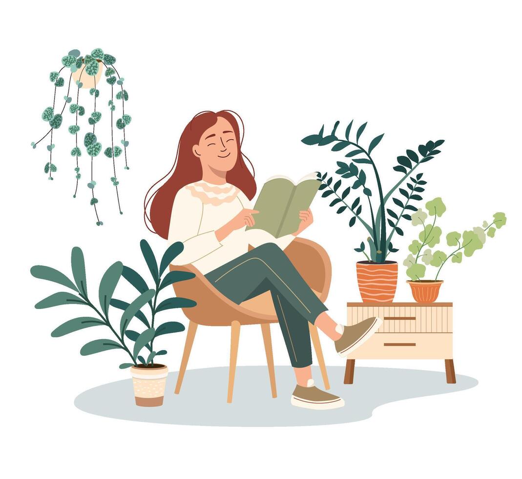 relajado niña cómodo sentado en el Sillón y leyendo libro rodeado por planta. personal espacio concepto. tiempo propio. interior jardín, acogedor interior diseño. plano vector ilustración aislado en blanco