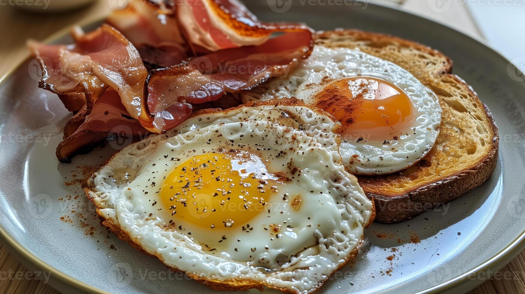 ai generado conjunto de delicioso desayunos, frito huevos con tostadas y tocino. sano alimento. generado por artificial inteligencia. foto