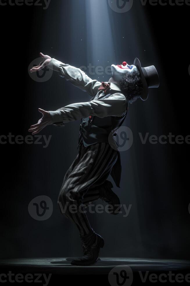 AI generated The clown performs on a dark stage. Dancing clown photo
