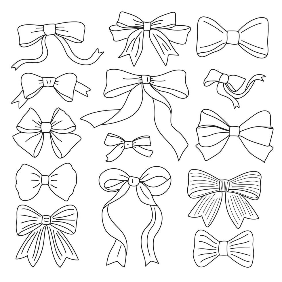 Set of different hand drawn bows ribbons. Hand drawn outline bow ties, simple minimalist vector illustration collection