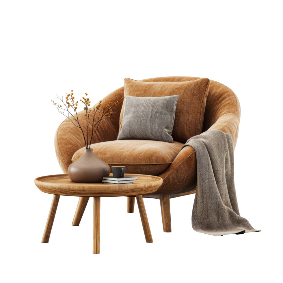 AI generated Cozy armchair and coffee table isolated on transparent background With clipping path.3d render png