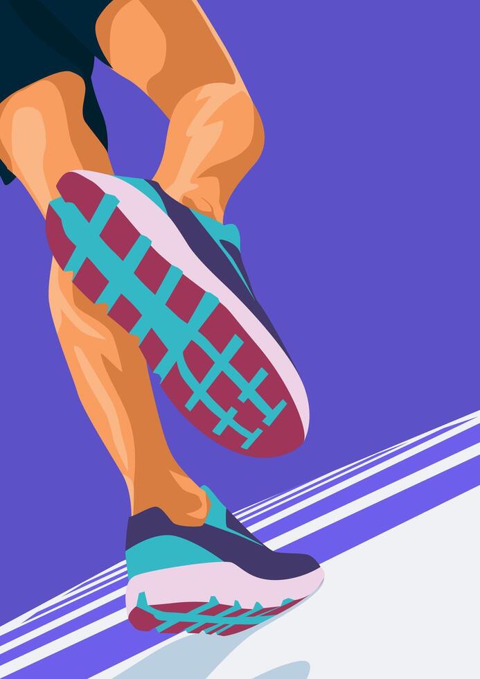 Runner's Legs Poster Illustration Design.Minimalist Sports Poster with Purple Background Color.Running Vector Flat Illustration