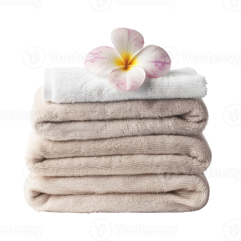 AI generated Stack of Fresh Towels with a Delicate Flower on top of stack towels.Stack of Luxury Bath towels cutout clipart png