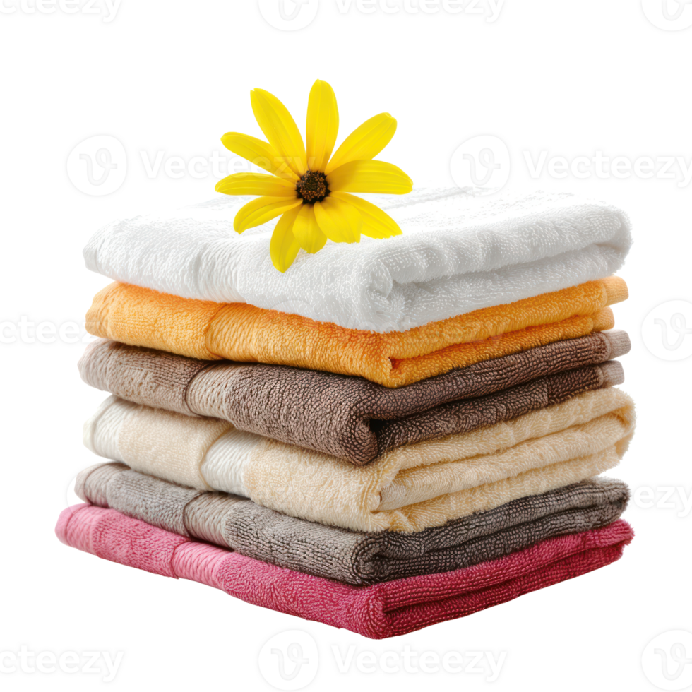 AI generated Stack of Fresh Towels with a Delicate Flower on top of stack towels.Stack of Luxury Bath towels cutout clipart png