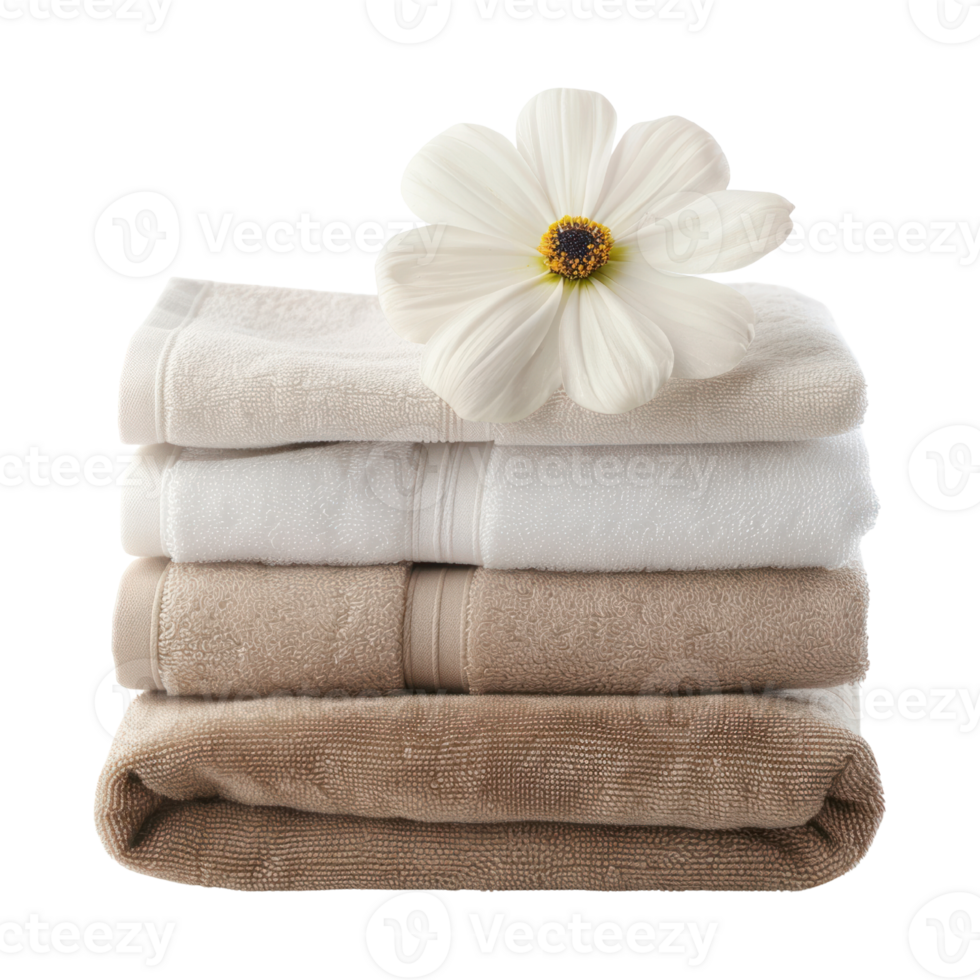 AI generated Stack of Fresh Towels with a Delicate Flower on top of stack towels.Stack of Luxury Bath towels cutout clipart png