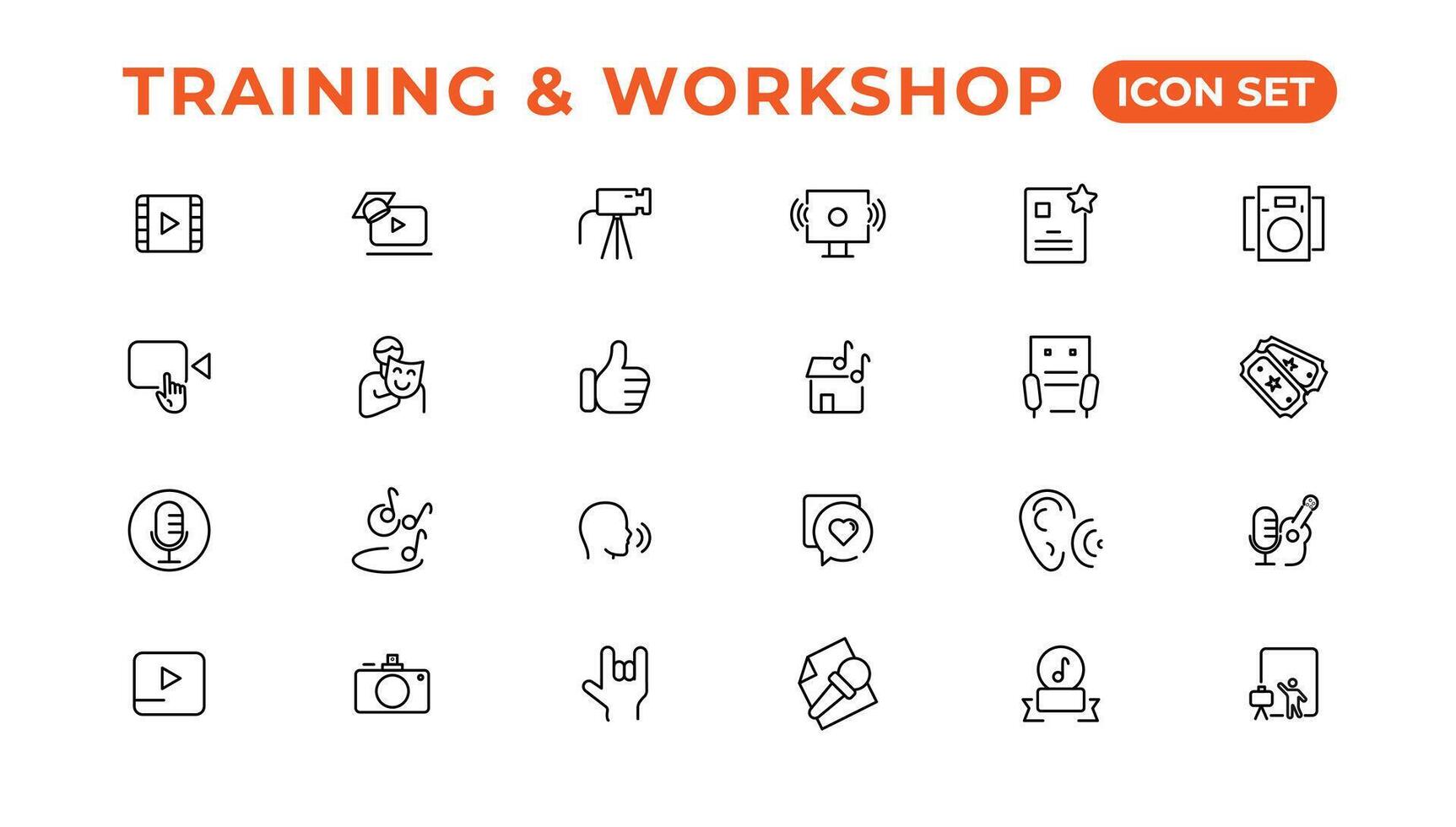 Training and workshop linear icons collection.Set of thin line web icon set, simple line icons collection, Pixel Perfect icons, Eadible vector illustration.