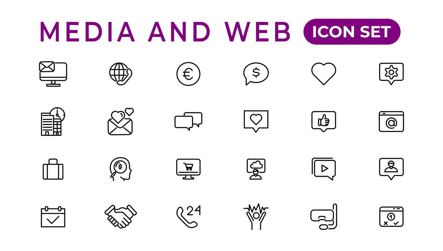 Media and Web icons in line style.Data analytics,Digitalmarketing, Management, Message, Phone. Vector illustration.