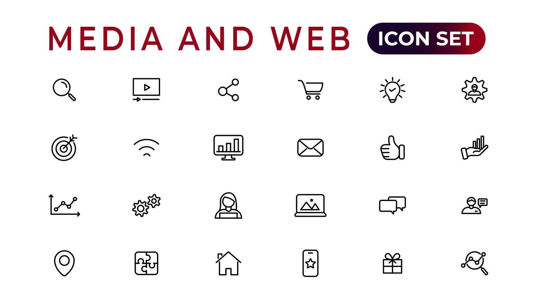 Media and Web icons in line style.Data analytics,Digitalmarketing, Management, Message, Phone. Vector illustration.