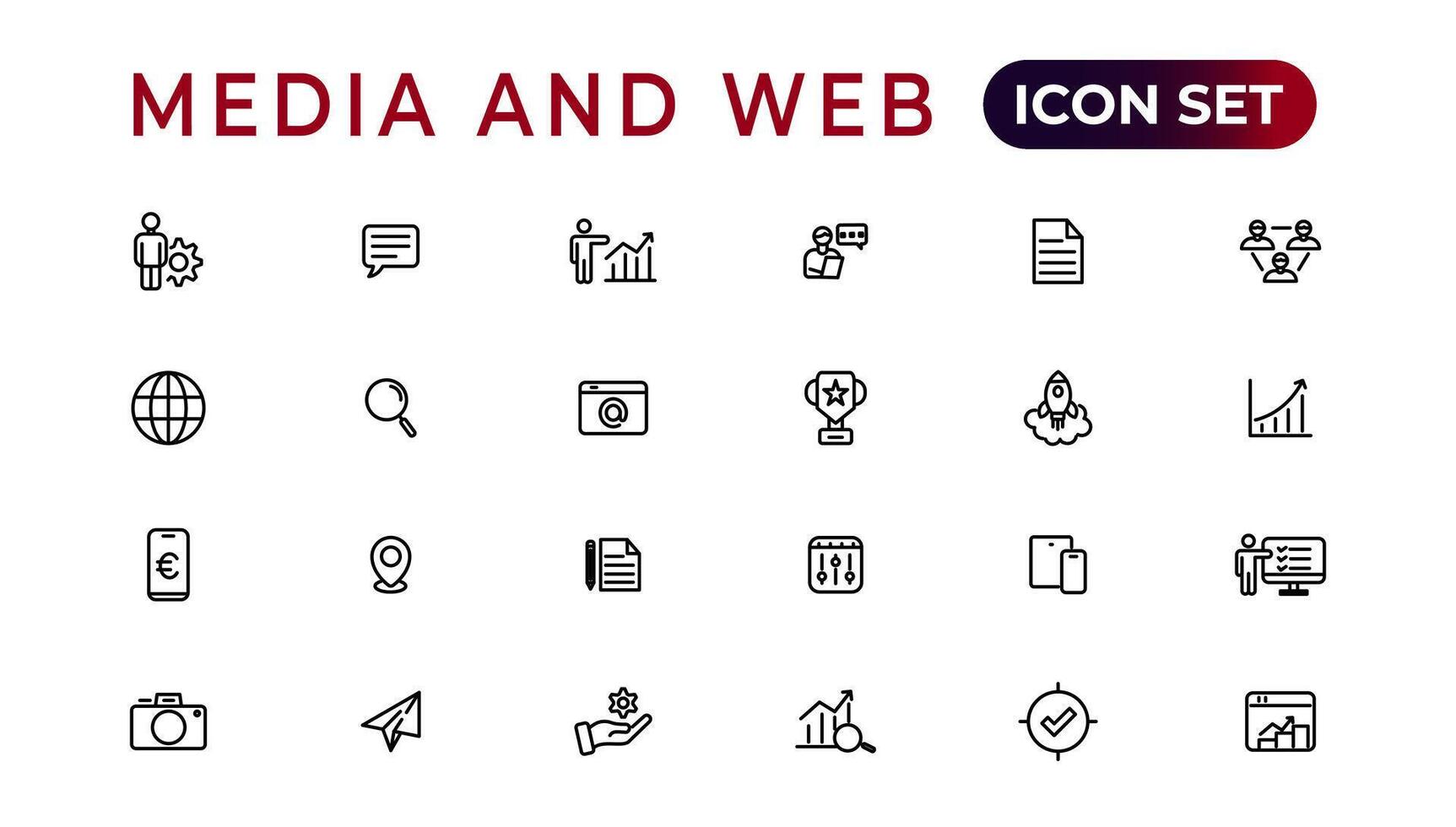 Media and Web icons in line style.Data analytics,Digitalmarketing, Management, Message, Phone. Vector illustration.