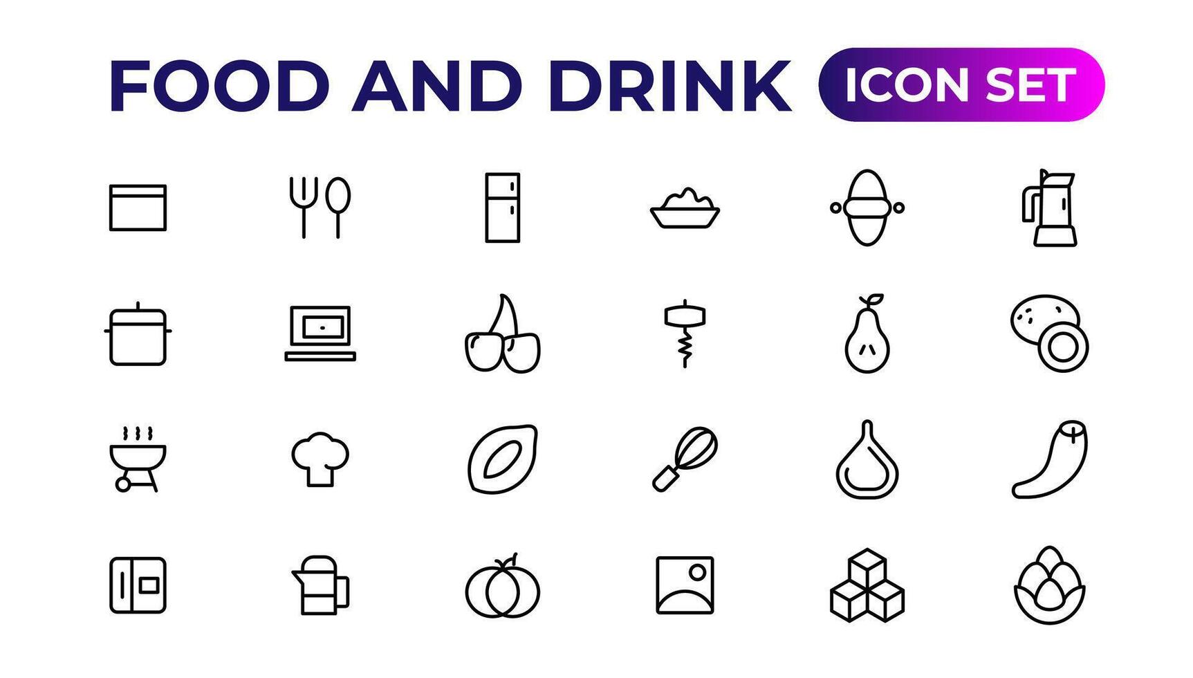 comida y bebida iconos lleno íconos tal como bebida agua, manzana Hoja,pack,cocina paquete, barbacoa parrilla, frambuesa Hoja,caldera,vino botella y vaso. vector