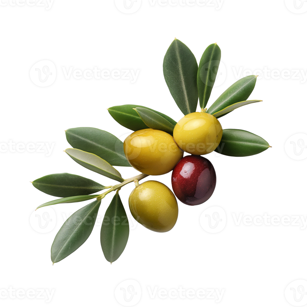 AI generated Olives with olive leaves isolated, healthy and organic food, AI generated, PNG transparent