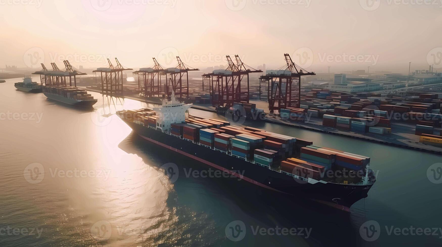 AI generated seaport with cargo ships being loaded and unloaded, cranes lifting containers, photo