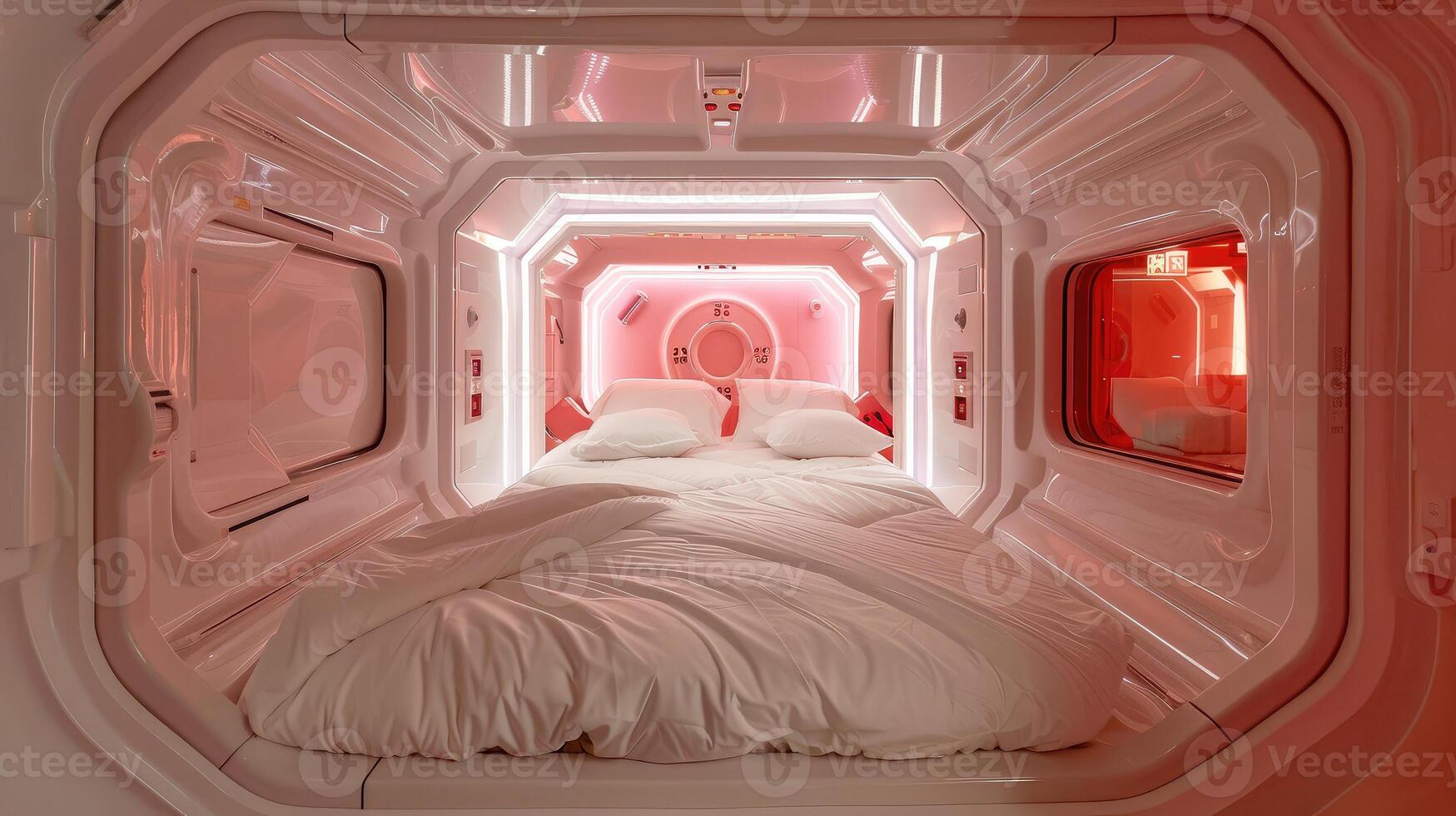 AI generated futuristic Bed space capsule hotel photo