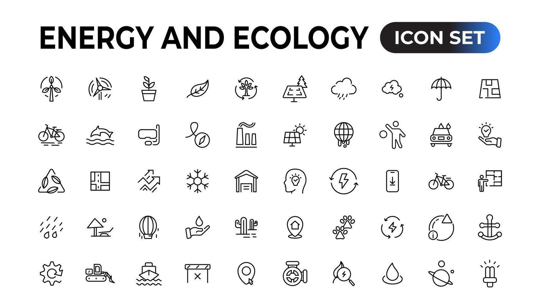 Energy and Ecology Line Editable Icons set. Vector illustration in modern thin line style of eco related icons.protection, planet care, natural recycling power. Pictograms and infographics.