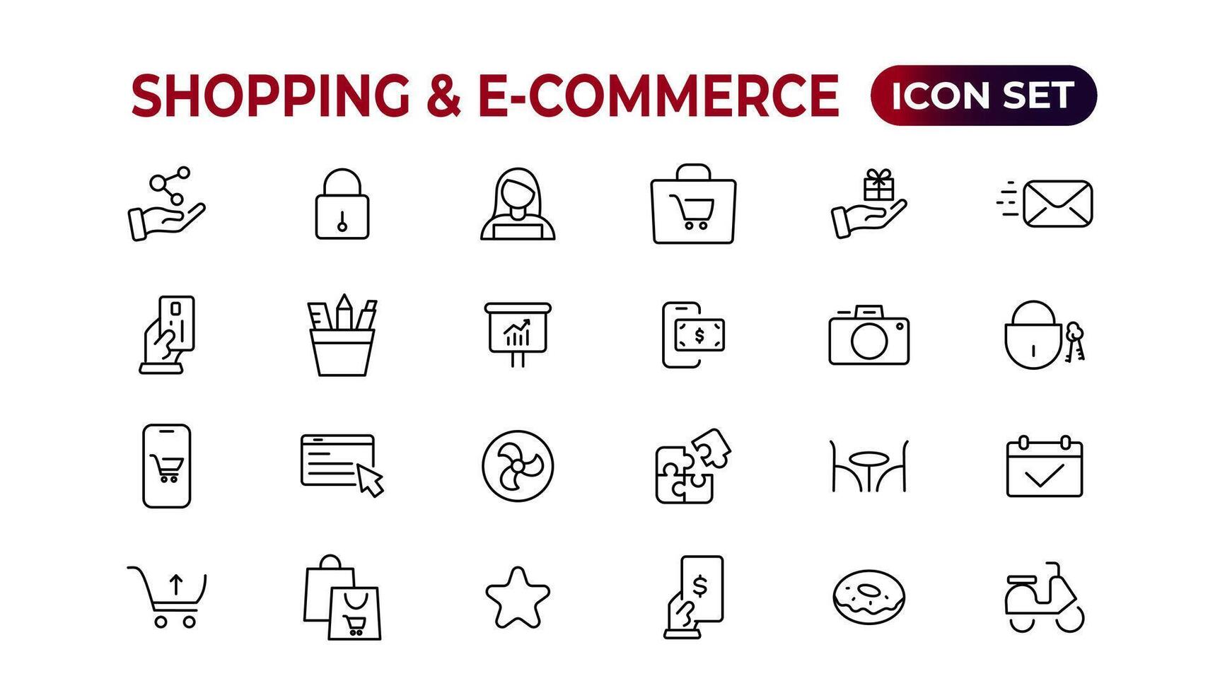 Shopping web icons in line style. Mobile Shop, Digital marketing, Bank Card, Gifts. Vector illustration.