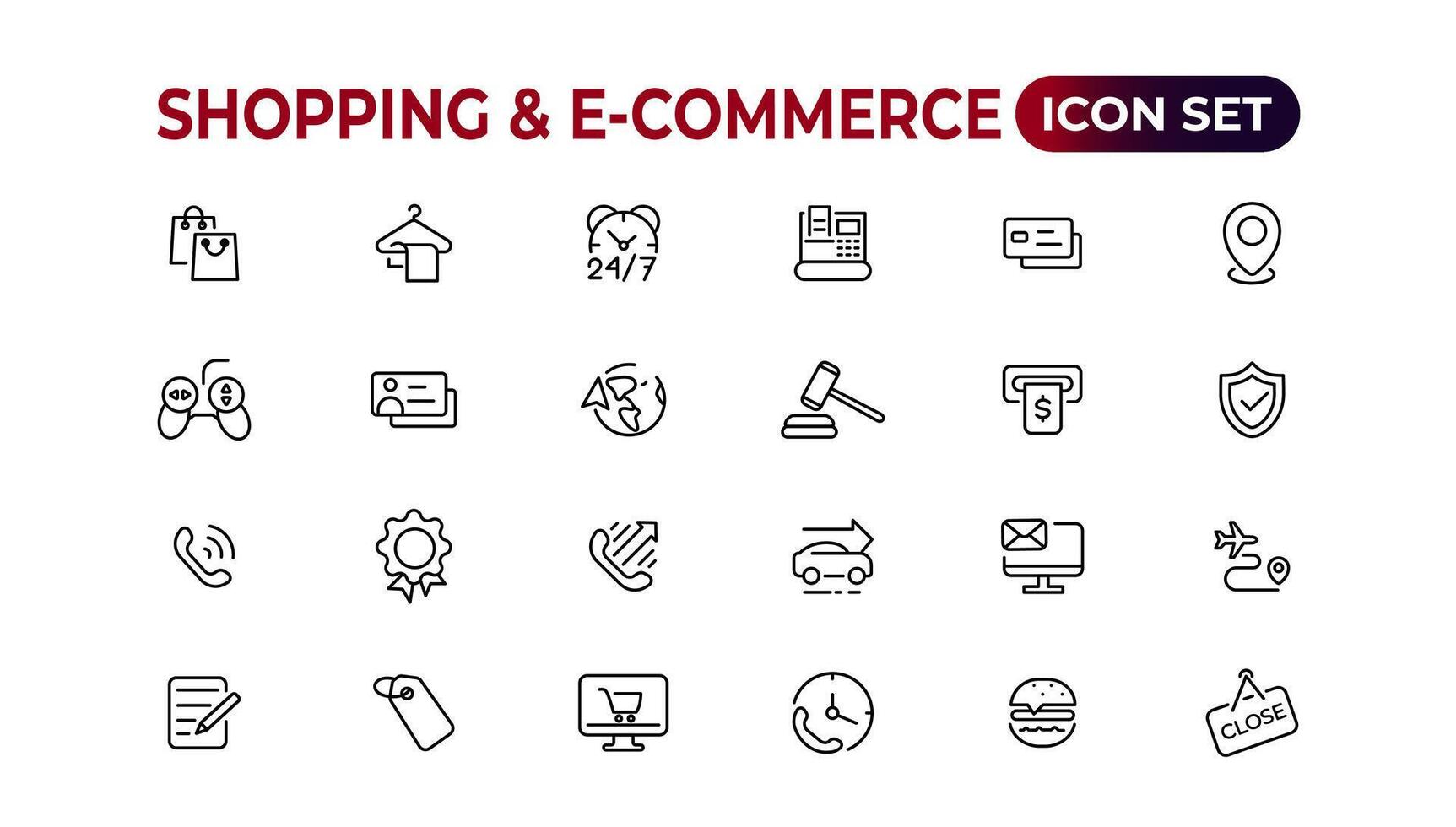 Shopping web icons in line style. Mobile Shop, Digital marketing, Bank Card, Gifts. Vector illustration.