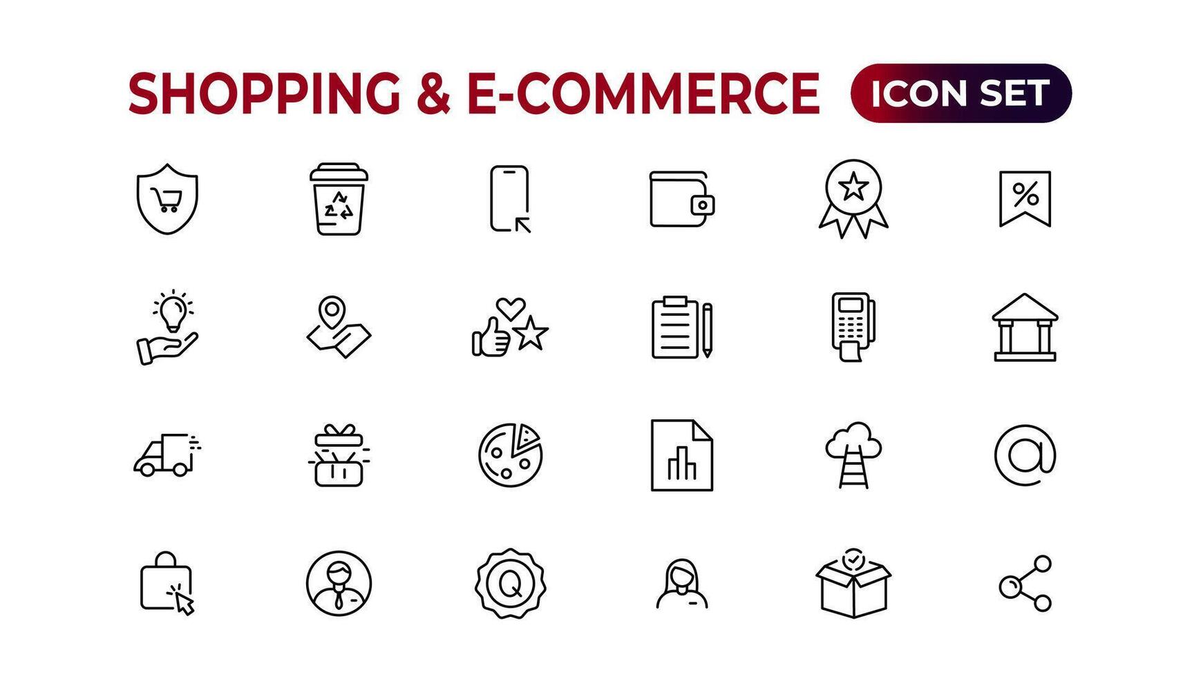 Shopping web icons in line style. Mobile Shop, Digital marketing, Bank Card, Gifts. Vector illustration.
