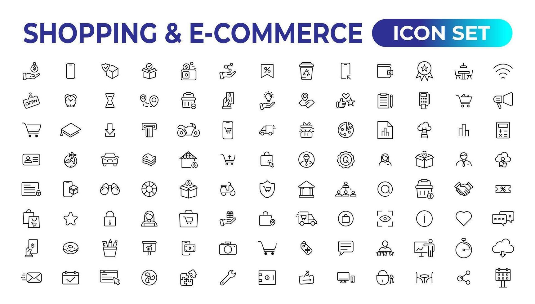 Shopping web icons in line style. Mobile Shop, Digital marketing, Bank Card, Gifts. Vector illustration.