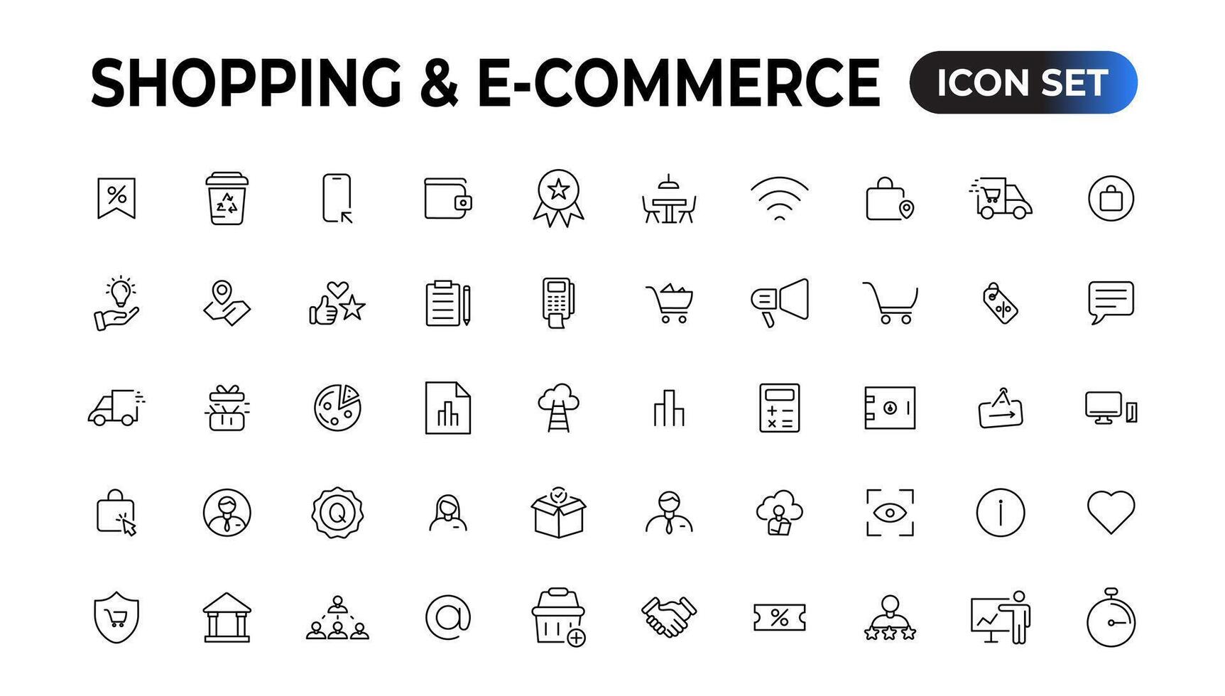 Shopping web icons in line style. Mobile Shop, Digital marketing, Bank Card, Gifts. Vector illustration.