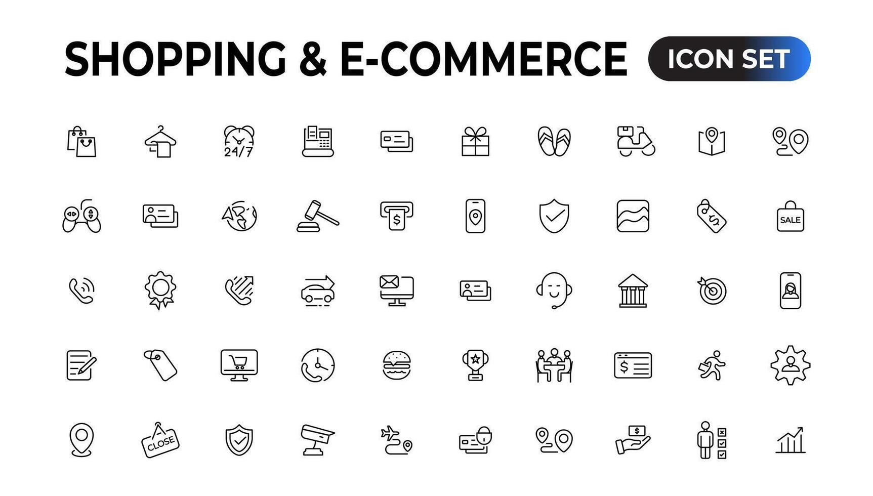 Shopping web icons in line style. Mobile Shop, Digital marketing, Bank Card, Gifts. Vector illustration.