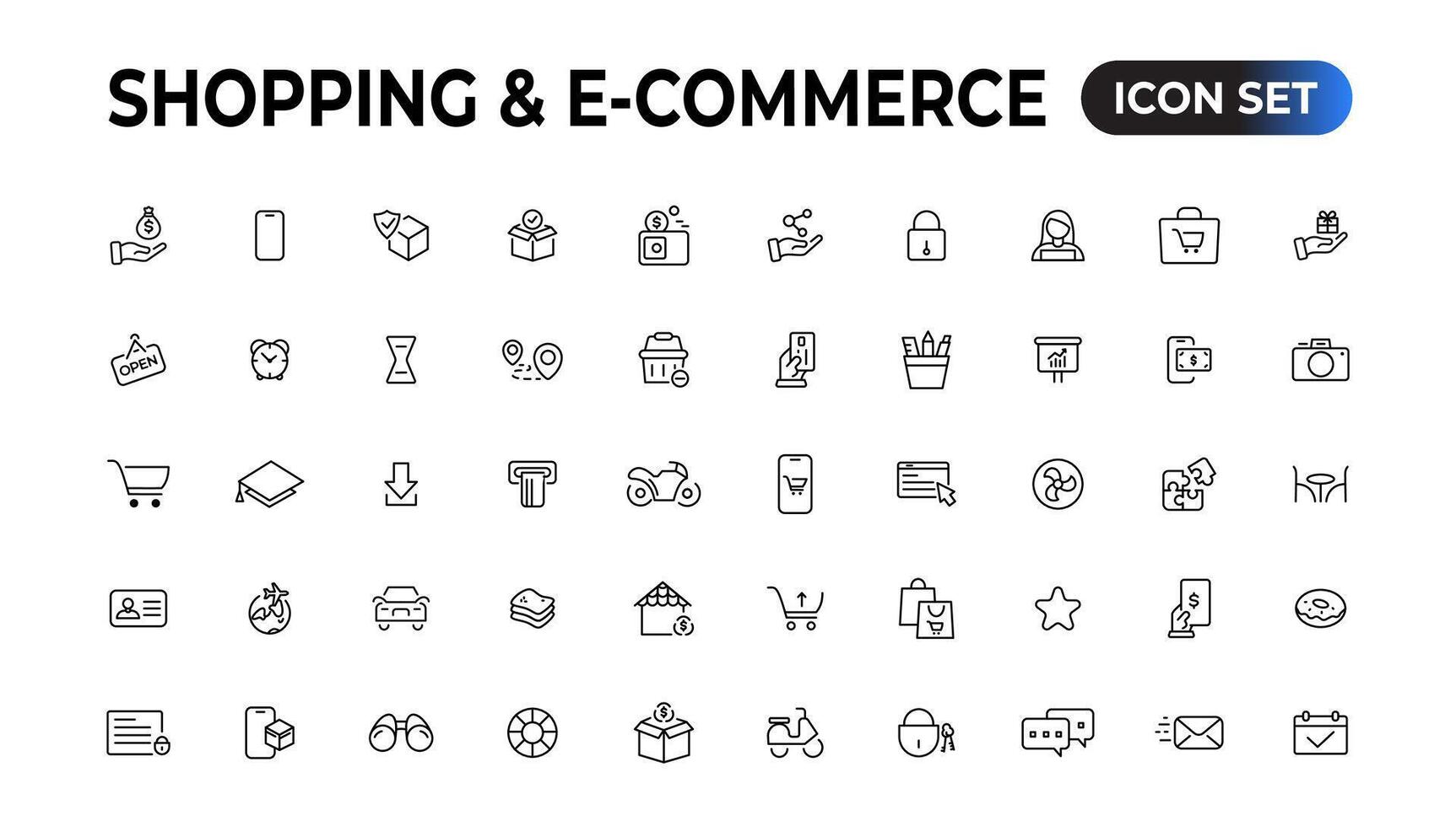 Shopping web icons in line style. Mobile Shop, Digital marketing, Bank Card, Gifts. Vector illustration.