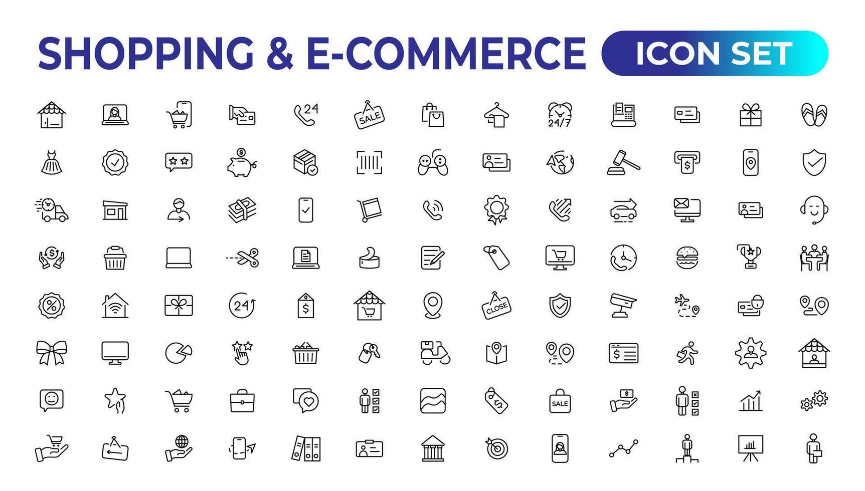 Shopping web icons in line style. Mobile Shop, Digital marketing, Bank Card, Gifts. Vector illustration.