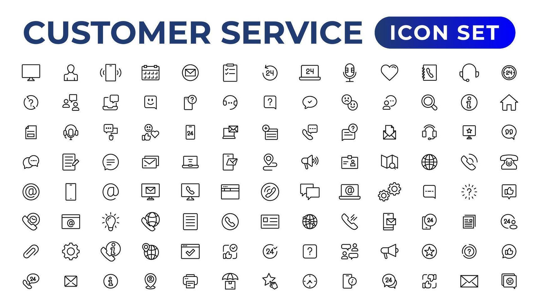 cliente Servicio icono colocar. conteniendo cliente satisfecho, asistencia, experiencia, comentario, operador y técnico apoyo iconos.delgados contorno íconos embalar. vector